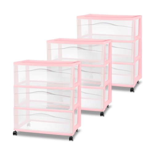 Sterilite 3 Pack Wide 3 Drawer Storage Cart, Rolling Organization, Pink | Clear Plastic Organizer Drawers with Wheels for Craft Supplies, Bath Essentials, or Home Accessories - color: Pink, size: 3-Pack