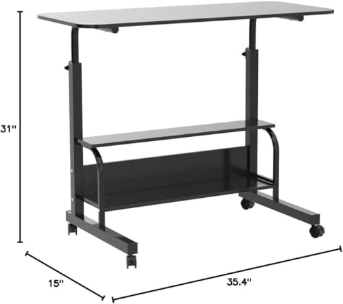 Rolling Adjustable Height Laptop Desk Black 2-Tier Storage Workstation | 28-40in Height Adjustment,Rolling Casters,2-Tier Storage Shelves,Waterproof Tabletop,Black Over Bed Home Office Desk - color: Black