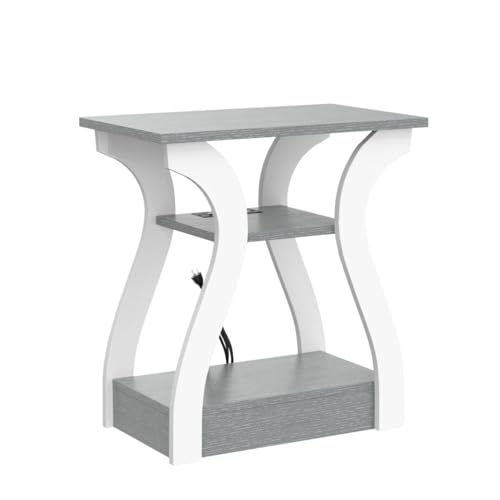 FROMJBEST End Tables Living Room, Grey End Table with Charging Station | Side Table Living Room, with USB Ports and Outlets, Nightstand for Bedroom, 3-Tier Storage Shelf, Bedside Table - color: Grey