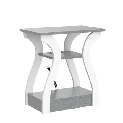 FROMJBEST End Tables Living Room, Grey End Table with Charging Station | Side Table Living Room, with USB Ports and Outlets, Nightstand for Bedroom, 3-Tier Storage Shelf, Bedside Table - color: Grey