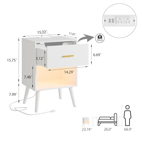 Aienvey Nightstand with Charging Station and LED Lights, White | Small Side Table, Bedside Table with Drawer, Modern Night Stand with Light/Power Strip, End Table for Bedroom, Living Room - color: White