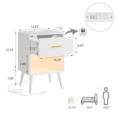 Aienvey Nightstand with Charging Station and LED Lights, White | Small Side Table, Bedside Table with Drawer, Modern Night Stand with Light/Power Strip, End Table for Bedroom, Living Room - color: White