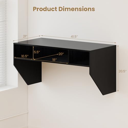 Giantex Wall-Mounted Computer Desk, Floating Laptop Desk with 3 Storage Compartments, Space-Saving Home Office Workstation Vanity Table for Bedroom, Study, Living Room (Black) - color: Black