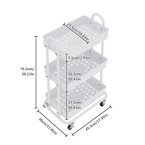 3-Tier Utility Cart with Wheels, Rolling Cart, Storage Shelves, Multi-Functional Organizer Cart for Bathroom, Office, Kitchen, White - size: No hanging baskets
