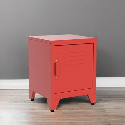 HOMCOM Industrial End Table, Living Room Side Table with Locker-Style Door and Adjustable Shelf, Red
