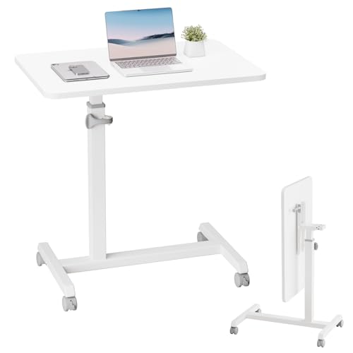 GTPLAYER Small Standing Desk, 24 Inches Foldable Mobile Rolling Laptop PC Table with Lockable Casters, Adjustable Height Overbed Bedside Table Computer Workstation for Home Office, White-Foldable - color: White-foldable