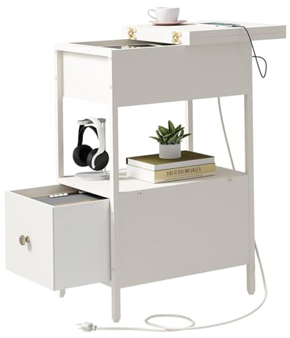 SOOWERY End Table with Charging Station, Narrow Side Table with Flip Top Cabinet and Fabric Drawer, Nightstand Bedside Tables for Small Spaces, Bedroom, Living Room, White