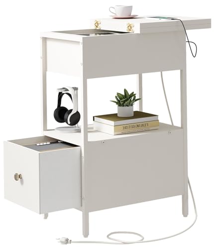 SOOWERY End Table with Charging Station, Narrow Side Table with Flip Top Cabinet and Fabric Drawer, Nightstand Bedside Tables for Small Spaces, Bedroom, Living Room, White