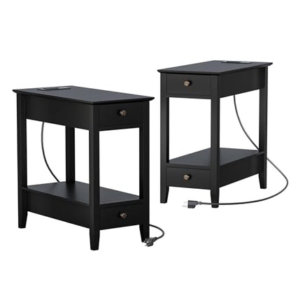 Treocho End Tables Living Room Set of 2 with Charging Station and 2 Drawers | Narrow Side Table with Ample Storage, Sofa Bedside Table for Small Spaces, Living Room, Bedroom, Black - color: Black