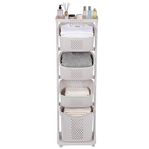 FAHKNS 4-Tier Laundry Hamper Sorter Cart with Wheels, Large 95L Capacity Hamper Organizer, Rolling Storage with Removable Mesh Bins for Laundry Use in Home, Dorm, Apartment (17.3"x13.1"x54.7") - size: 4-Tier