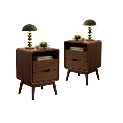 Walnut Nightstand Set of 2, Solid Wood Nightstand with Drawers & Open Storage Shelf, Mid Century Modern Nightstands, Wood End Table for Bedroom, (Dark Black Walnut, 23.23" H) - color: Dark Walnut, style: 2 Drawer & Open Storage-2