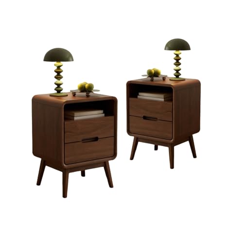 Walnut Nightstand Set of 2, Solid Wood Nightstand with Drawers & Open Storage Shelf, Mid Century Modern Nightstands, Wood End Table for Bedroom, (Dark Black Walnut, 23.23" H) - color: Dark Walnut, style: 2 Drawer & Open Storage-2