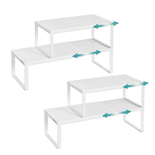 SONGMICS Spice Racks, Set of 4 Expandable Kitchen Countertop Shelves, Small Cupboard Organizers, Metal, Space-Saving Tabletop Shelves, Matte White UKCS404WC01 - color: Matte White, size: Set of 4