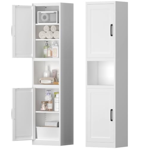 Tall Bathroom Cabinet, Slim Cabinet with 3 Adjustable Shelves, 2 Doors Narrow Storage for Bathroom, 67" H Floor Cabinet for Entryway, Kitchen, White - color: 67"h - White
