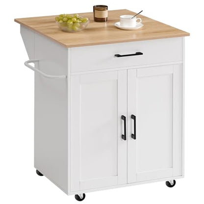 MAHANCRIS Kitchen Island on Wheels with Drop Leaf, Folding Countertop Kitchen Island Cart, Kitchen Island Table with Towel Rack, Drawer, for Kitchen, Dining Room, White and Natural KINW12501 - color: White and Natural