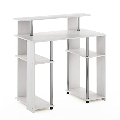 Furinno Jaya Simple Design Computer Writing Desk, White Oak/Stainless Steel | Raised Hutch and Open Shelf, Simple Design Computer Writing Desk, Office Desk for Home Office, Bedroom - color: White Oak/Stainless Steel