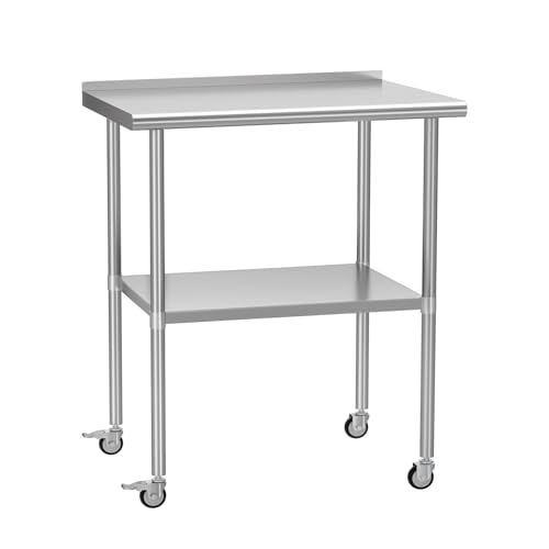 Stainless Steel Prep Table 24" X 30" with Adjustable Undershelf, Backsplash and Wheels, Commercial Metal Workstations for Kitchen, Garage, Outdoor BBQ - color: W/ Wheel & Backsplash, size: 24x30 Inch