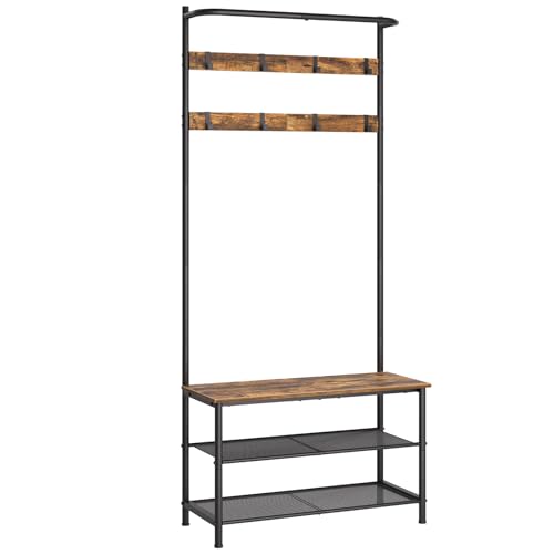 Hall Tree, Coat Rack with Shoe Bench, 4-in-1 Entryway Bench with Storage Shelves, Hanging Rod and 8 Movable Hooks, Hall Tree with Storage Bench for Hallway, Rustic Brown and Black MT02BR