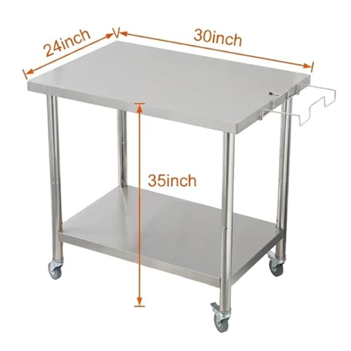 Garvee Stainless Steel Straight Edge Work Table 30 inch Double Layer with Casters & Garbage Shelf, Heavy Duty Commercial Prep Table, 0.7mm Thick - size: 30*24*35inch - with casters + trash rack