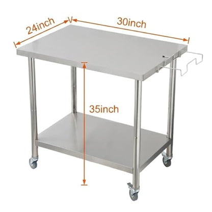 Garvee Stainless Steel Straight Edge Work Table 30 inch Double Layer with Casters & Garbage Shelf, Heavy Duty Commercial Prep Table, 0.7mm Thick - size: 30*24*35inch - with casters + trash rack