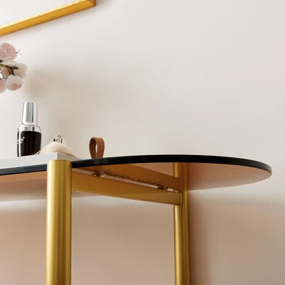 LumFurn Oval Glass Console Table for Living Room, Foyer & Entrance, 2-Tiers Mid-Century Modern Sofa Table with Amber Glass Top, Walnut Finish Wood Top and Gold Finish Metal Frame - color: Amber & Walnut, size: L41" Oval Sofa Table