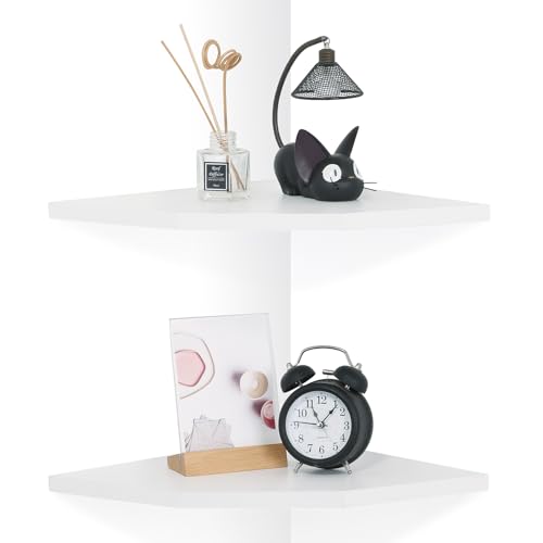 Corner Wall Shelves Set of 2, Rustic Wood Corner Floating Shelves with Cable Raceway, Wall Mount Storage Display for TV Accessories, Baby Monitor, Speaker, Cable Box (White, Diamond- 12 Inch) - color: White, size: Diamond- 12 Inch