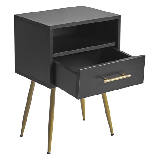 IBUYKE Nightstand, Mid Century Modern Night Stand, Bedside Table with Drawers and Open Storage Shelf, End Side Table with Metal Legs, for Bedroom, Small Spaces,Black UWNS004B - color: Black