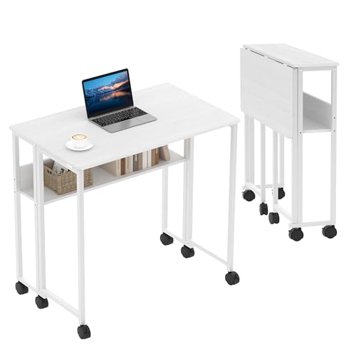 Folding Desk Small Rolling Desk with Storage Shelf,31.5 Inch Foldable Computer Table with Wheels,Portable Office Desk for Small Space Sofa Table,Easy to Fold,Writing Work Office Computer Desk,White - color: 31.5" White