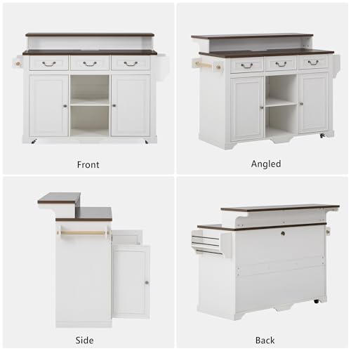 Merax 53.2" Two-Tier Kitchen Island with Storage, Farmhouse Kitchen Island with Power Outlet, 4 Door Shelves, Adjustable Shelves, 3 Drawers, Rolling Island Table, Bar Cabinet for Kitchen, Rustic White - color: Rustic White