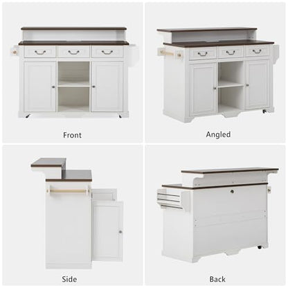 Merax 53.2" Two-Tier Kitchen Island with Storage, Farmhouse Kitchen Island with Power Outlet, 4 Door Shelves, Adjustable Shelves, 3 Drawers, Rolling Island Table, Bar Cabinet for Kitchen, Rustic White - color: Rustic White