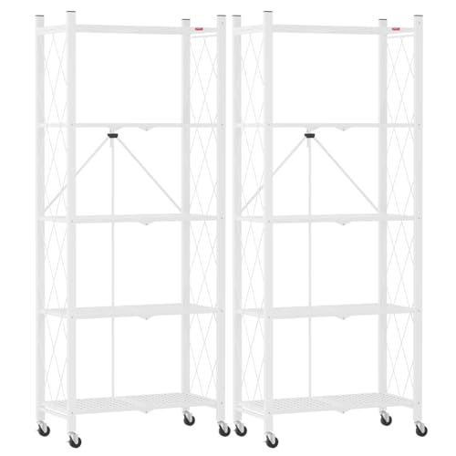 DEANIC 5-Shelf Folding Bookcase with Wheels, Heavy Duty Storage Shelves, Freestanding Metal Wire Shelving Unit for Living Room, Office, Kitchen, Basement, Pantry(White 2 Pack) - color: White-2 Pack, size: Compact 5 tier