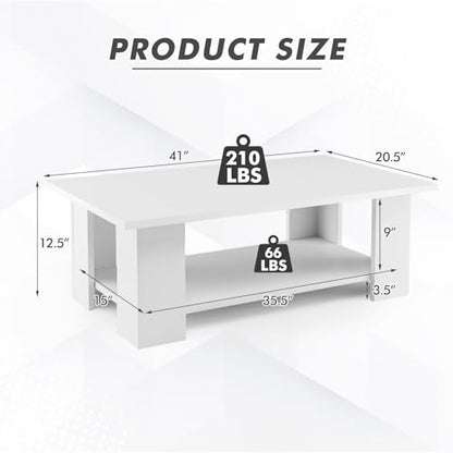 Tangkula 2-Tier Coffee Table, Modern Rectangular Center Cocktail Table with 5 Support Legs, Wooden Accent Living Room Furniture, Small Coffee Table for Small Spaces, Easy Assembly (White) - color: White