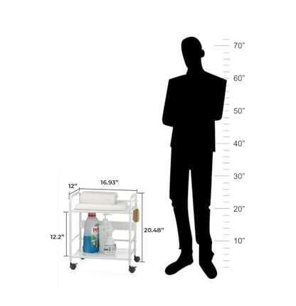 2-Tier Metal Rolling Cart, Compact Under Desk Storage Organizer | 12.2" clearance fits binders & tall bottles; anti-drop safety guard; small space mobile shelf for home, bedroom & office. - color: White