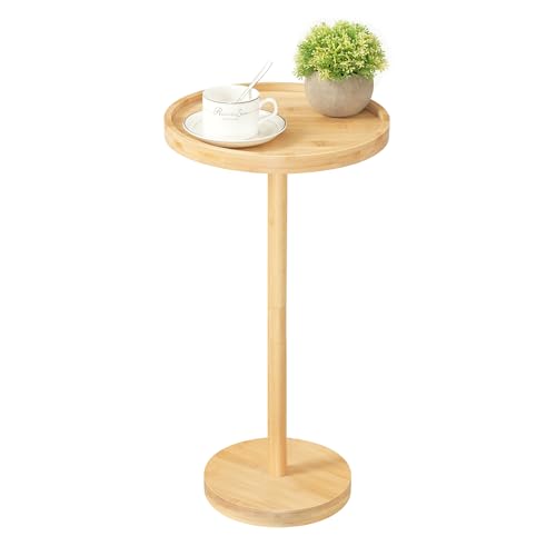 HOOBRO Small Round Side Table, Bamboo Drink Table, Coffee Martini Table with Pedestal Accent for Small Spaces in Living Room, Bedroom, Sofa Couch, Natural YL235BZ01 - color: Natural