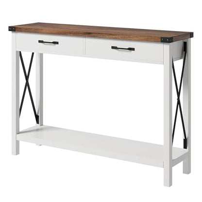 Klaesio 31-inch Side Table Suitable for Entrances, Hallways, and Living Rooms Two-Tier Narrow Sofa Side Table Industrial-Style Entrance Table with Drawers and Open Storage Shelves - White + Brown - color: White