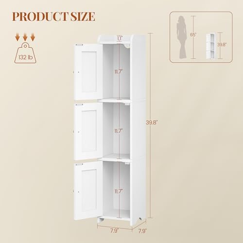 HEXCELEN Slim Bathroom Storage Cabinet, Narrow Cabinet with 3 Doors，Small Bathroom Organizers and Storage, Laundry Room Organization for Small Space, Kitchen, Living Room, White