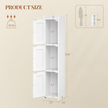 HEXCELEN Slim Bathroom Storage Cabinet, Narrow Cabinet with 3 Doors，Small Bathroom Organizers and Storage, Laundry Room Organization for Small Space, Kitchen, Living Room, White