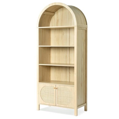 VINGLI 70" Arched Display Cabinet with 5 Shelves, Rattan Storage Cabinet 5 Tier Arched Bookshelf, Wood Tall Bookcases, Sturdy, Stylish for Living Room Bedroom Dining Room Office Study Room, Oak - color: White Oak