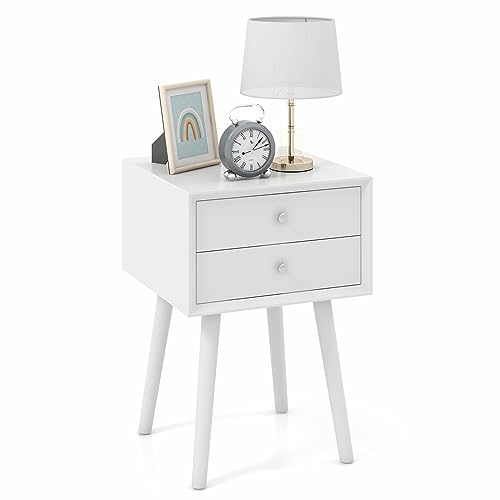 GOFLAME Nightstand with 2 Drawers, Small Wooden Side Table, Mid Century Modern Bedside Table with Storage, Compact End Table for Bedroom, Easy Assembly, White - color: White