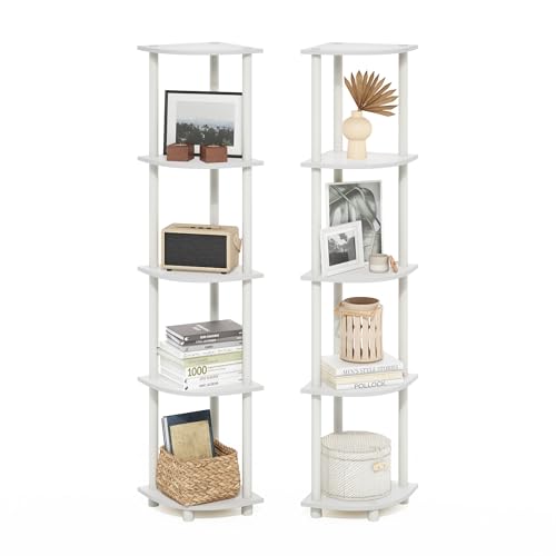 Furinno Turn-N-Tube Corner Shelf Set of 2, 5-Tier Corner Bookshelf, Open Storage Shelves, for Organization and Storage, Living Room, Home Office, Garage, White - color: White/White, size: 5-Tier Round Tube (Set of 2)