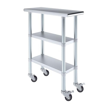 AmGood Stainless Steel Work Table with 2 Shelves and Casters | Metal Utility Table On Wheels (Stainless Steel Work Table with 2 Shelves + Casters, 12" Long x 30" Deep) - size: 12" Long x 30" Deep
