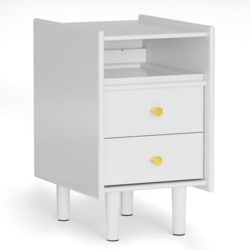 Narrow Nightstand with 2 Drawers, 11.81" Solid Wood Narrow Bedside Table | Pine Wood, Modern Night Stand with Open Shelf & Cable Hole, Slim Narrow Side Table for Bedroom, White