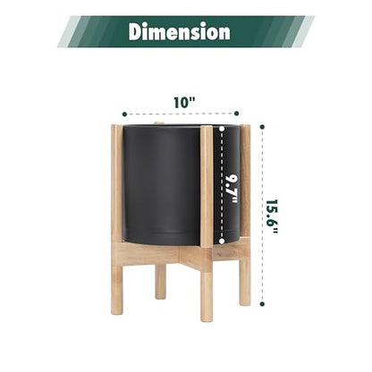 D'vine Dev Plastic Pot with Natural Wood Stand, Black, 10 in, 55-C-M-2 | Mid-Century Inspired Design, Elevated Plant Display, Clean Lines, Sturdy Support, Modern Space-Saving Style - color: Matte Black Pot + Natural Stand, size: 10 Inch