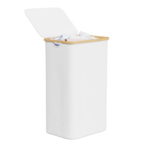 SpaceAid Laundry Hamper with Lid, 110L Large Tall Clothes Basket Bin with Bamboo Handles, Collapsible Laundry Hamper for Bedroom, Bathroom, Dorm, Laundry Room - White - color: White, size: 110 L