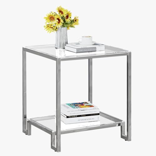 2 Tier Square End Table Side Table with Tempered Glass Top and Silver Stainless Steel Frame Modern Night Stand for Small Spaces Side Table with Storage for Living Room Bedroom - color: Silver, style: Style 1