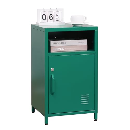ALBAD Metal Nightstand with Lockable Cabinet | Industrial Bedside Table with Open Shelf, Small Storage Locker Side Table for Bedroom, Living Room, Dorm and Office, Green - color: Green, size: 26"H-Lockable Door