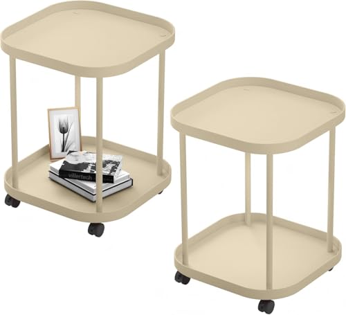 Side Table with Wheels, End Table Living Room Plastic Mobile Sofa Side Table Small Night Stand Bedroom Khaki (2 Pack) - color: Khaki, size: 2 Pack