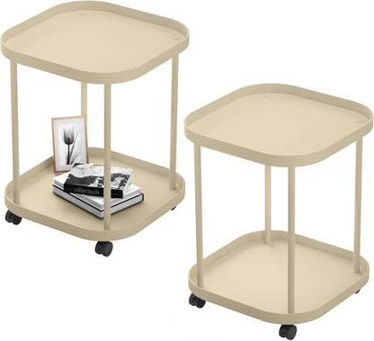 Side Table with Wheels, End Table Living Room Plastic Mobile Sofa Side Table Small Night Stand Bedroom Khaki (2 Pack) - color: Khaki, size: 2 Pack