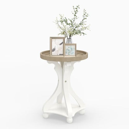 Accent Wood Farmhouse End Table, Round Side Tables, Nightstand Natural Tray Top and Distressed Carved Legs for Bedroom Living Room, White - size: 1-pc, style: Round
