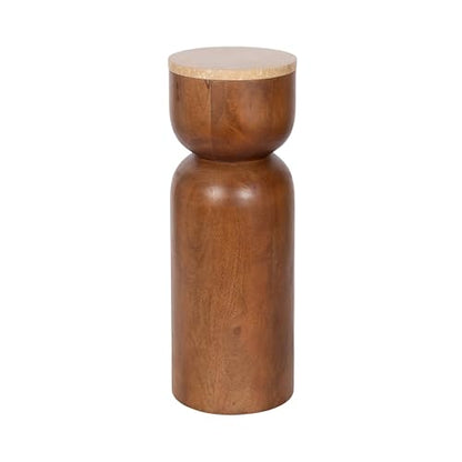 Kate and Laurel Teo Transitional Mango Wood Drink Table, 8 x 8 x 22, Walnut Brown and Natural Travertine, Sculptural Bedroom Nightstand with Unique Pedestal Table Design for Use as Indoor Plant Stand - color: Walnut Brown